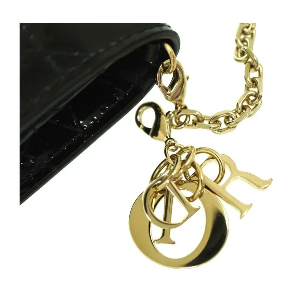 Dior Chain Card Case Coin Case Wallet Shoulder Bag Patent Leather Black 1443